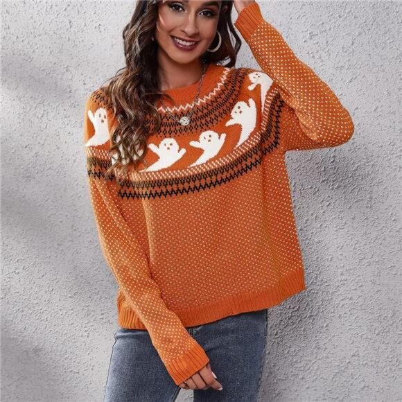 Cute Ghost Print Halloween Sweater – Gothic Knit Long Sleeve Pullover - Picture 3 of 5